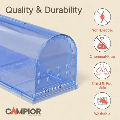 Humane Mouse Trap Pack of 2, Live Mouse Traps Catch and Release for Indoors & Outdoors, Pet & Child Safe, 6.69" Reusable Plastic Mouse Cage with Spring Door, Cleaning Brush Included, Blue