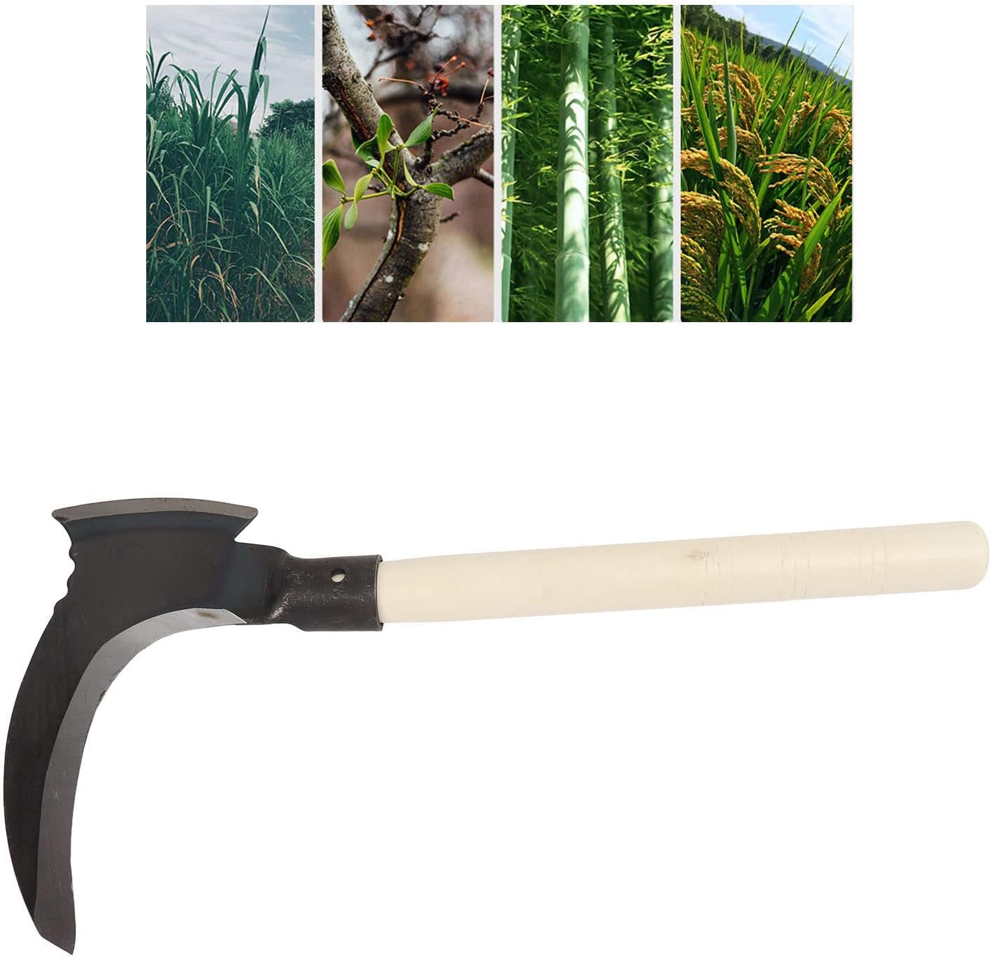 Weeding Sickle, High Manganese Steel Double Sickle Gardening Multipurpose Manual Agricultural Weeding Tools for Gardening Tools (Single Cutter Head, Wooden Stick)