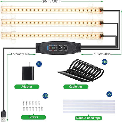 3 Head 7.8 Inches LED Grow Light Strips, Grow Lamps for Indoor Plants Full Spectrum 3000K, 72 LEDs Plant Light Strips with 3/9/12H Timer, 10 Dimmable Levels for Seedling Succulent