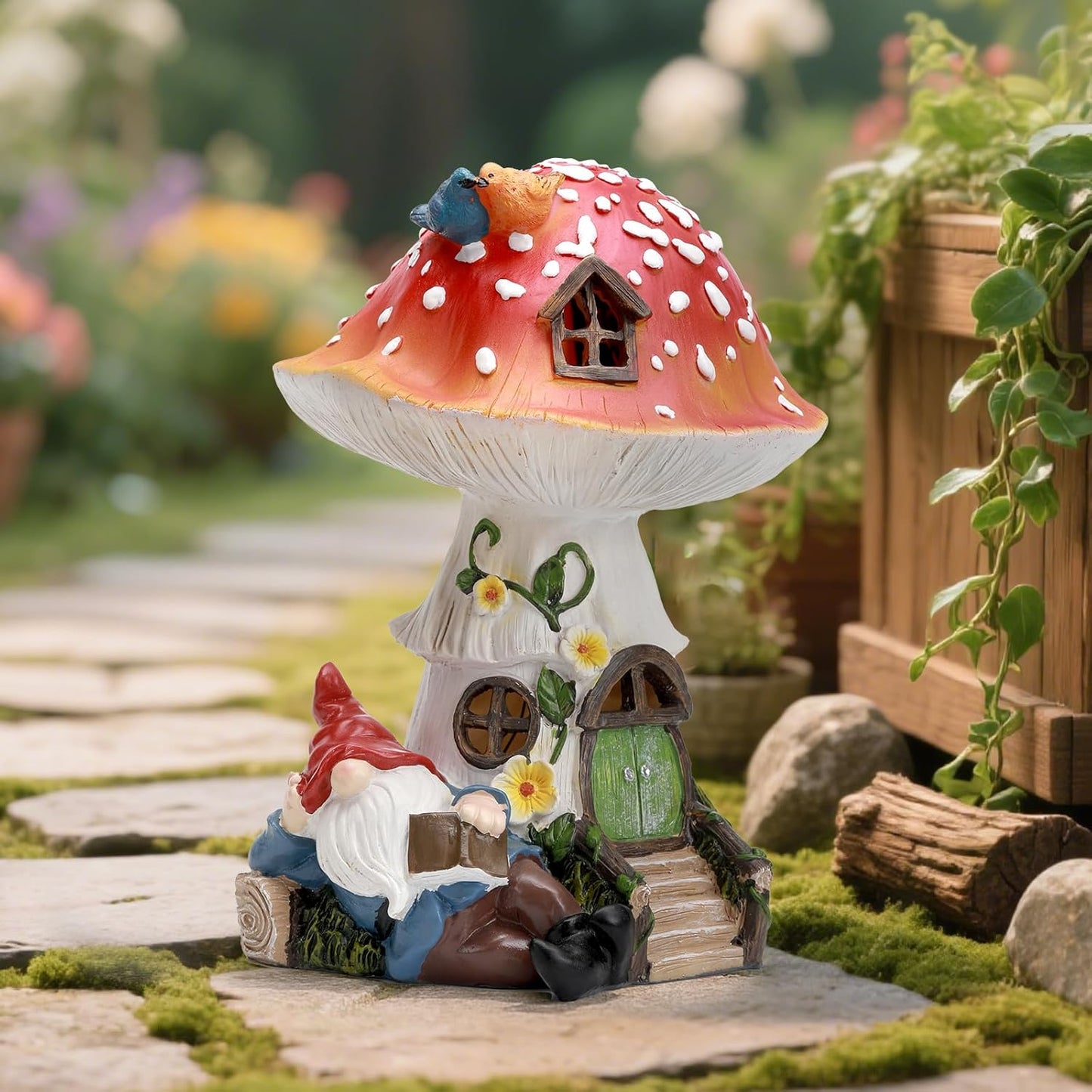Solar Mushroom Gnome Reading Light, Weatherproof Resin Fairy Garden Figurine Decor Auto On/Off - Book Lover Gift for Pathway & Patio