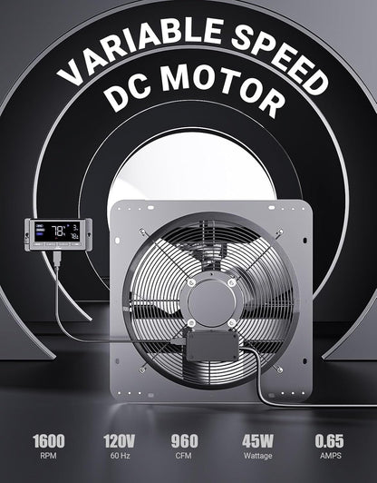 iLiving 12" Wall Mounted Shutter Exhaust Fan, Automatic Shutter, Temperature and Humidity Controls with Variable Speed, 960 CFM at 1600 RPM DC Motor
