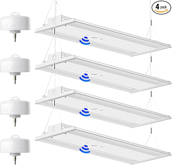 400W 4FT Linear High Bay LED Shop Lights,4-Pack of 60,000LM LED High Bay Lights, 150LM/W, 0-10V Dim, 120-277V, 5000K Daylight for Warehouse Workshops - UL Listed (300w-4Pack+Sensor)