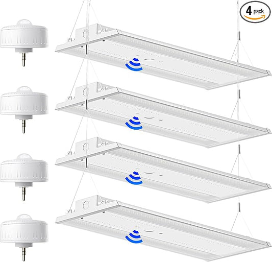 400W 4FT Linear High Bay LED Shop Lights,4-Pack of 60,000LM LED High Bay Lights, 150LM/W, 0-10V Dim, 120-277V, 5000K Daylight for Warehouse Workshops - UL Listed (300w-4Pack+Sensor)