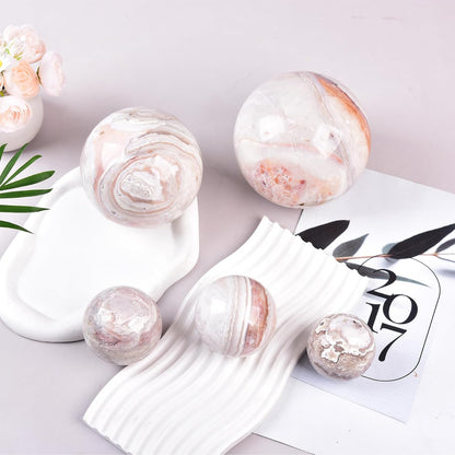 JIC Gem Extra Large Pink Agate Crystal Sphere,Decorative Crystal Ball Pink Gemstone Sphere for Meditation,Office Table Decorations 110-120mm