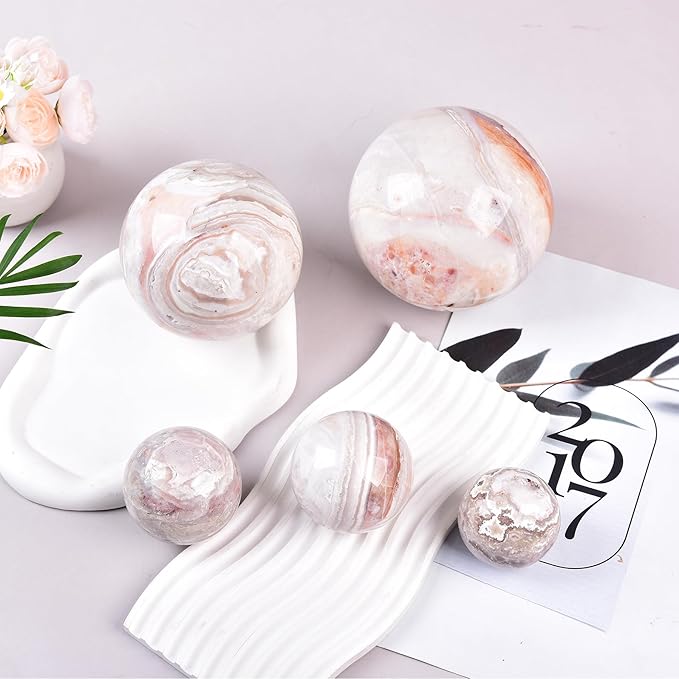 JIC Gem Pink Agate Crystal Ball with Wooden Stand Pink Healing Crystal Sphere Ball for Feng Shui Decor Spiritual Gifts 60-70mm