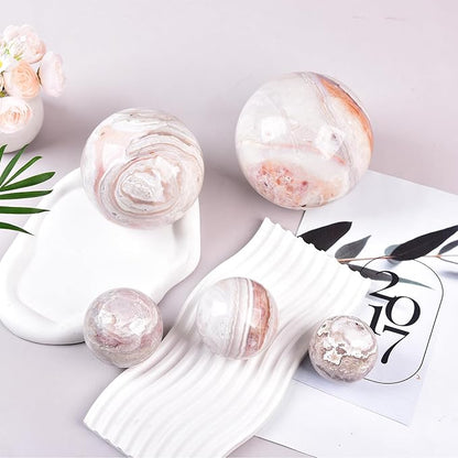 JIC Gem Pink Agate Crystal Ball with Wooden Stand Pink Healing Crystal Sphere Ball for Feng Shui Decor Spiritual Gifts 60-70mm