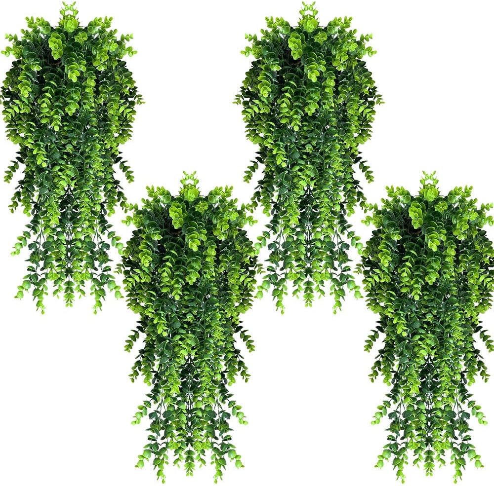 4 Pack Artificial Eucalyptus Leaf Rattan Fake Hanging Plant Faux Greenary Vine Outdoor UV Resistant Plastic Plants for Wedding Party Home Decor