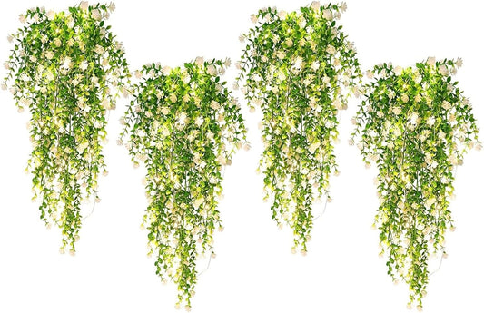 SJL Hanging Faux Plants Indoor 4pcs Fake Flowers Plant Fern with LED Lights Artificial Vines for Outdoors Real Touch Fake Plants All Year Round Eucalyptus Decor for Garden Porch (White)