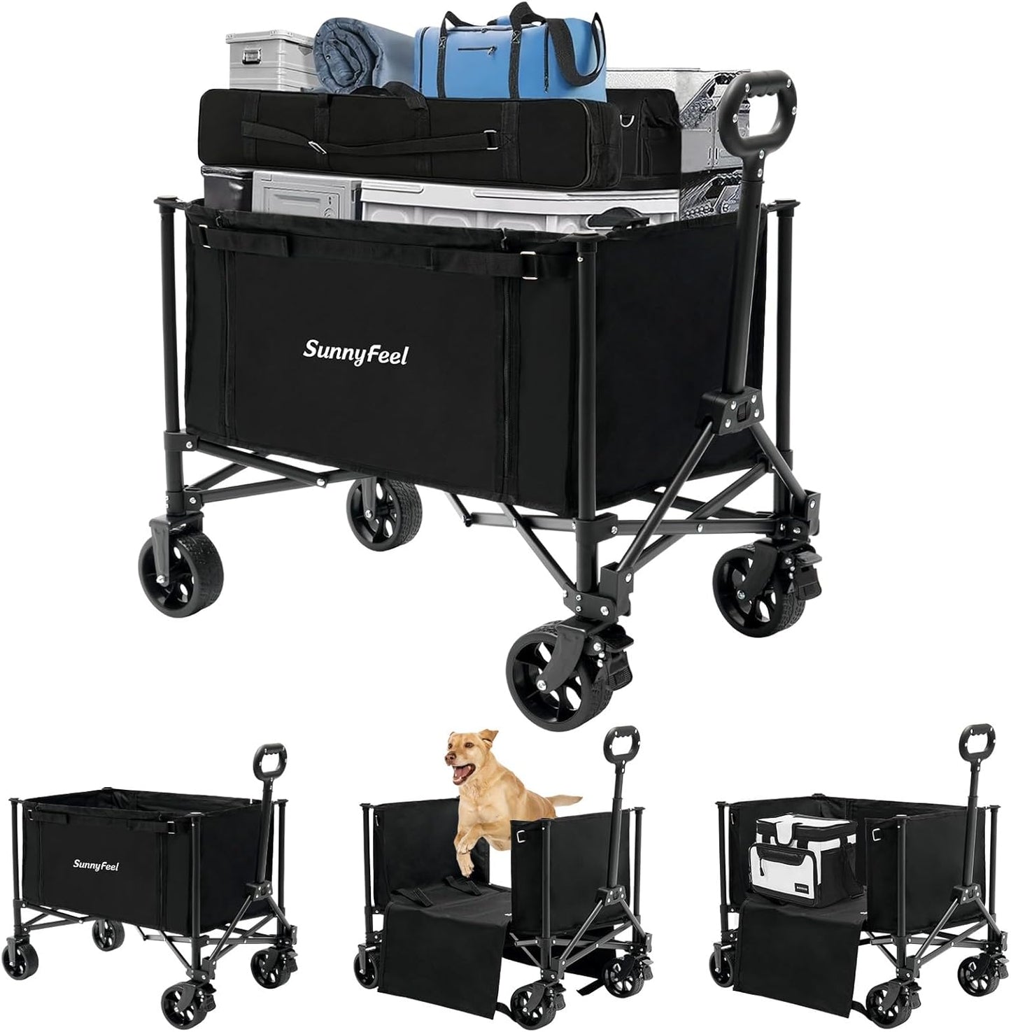 SUNNYFEEL Wagon Cart Foldable, Standard Borderless Version Collapsible Wagon with 220 LBS Max Load, Up to 120L Foldable Grocery Cart with Side Opened for Outdoor, Garden & Camping,Black