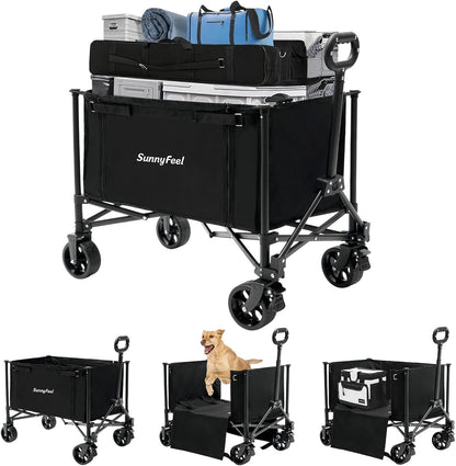 SUNNYFEEL Wagon Cart Foldable, Standard Borderless Version Collapsible Wagon with 220 LBS Max Load, Up to 120L Foldable Grocery Cart with Side Opened for Outdoor, Garden & Camping,Black