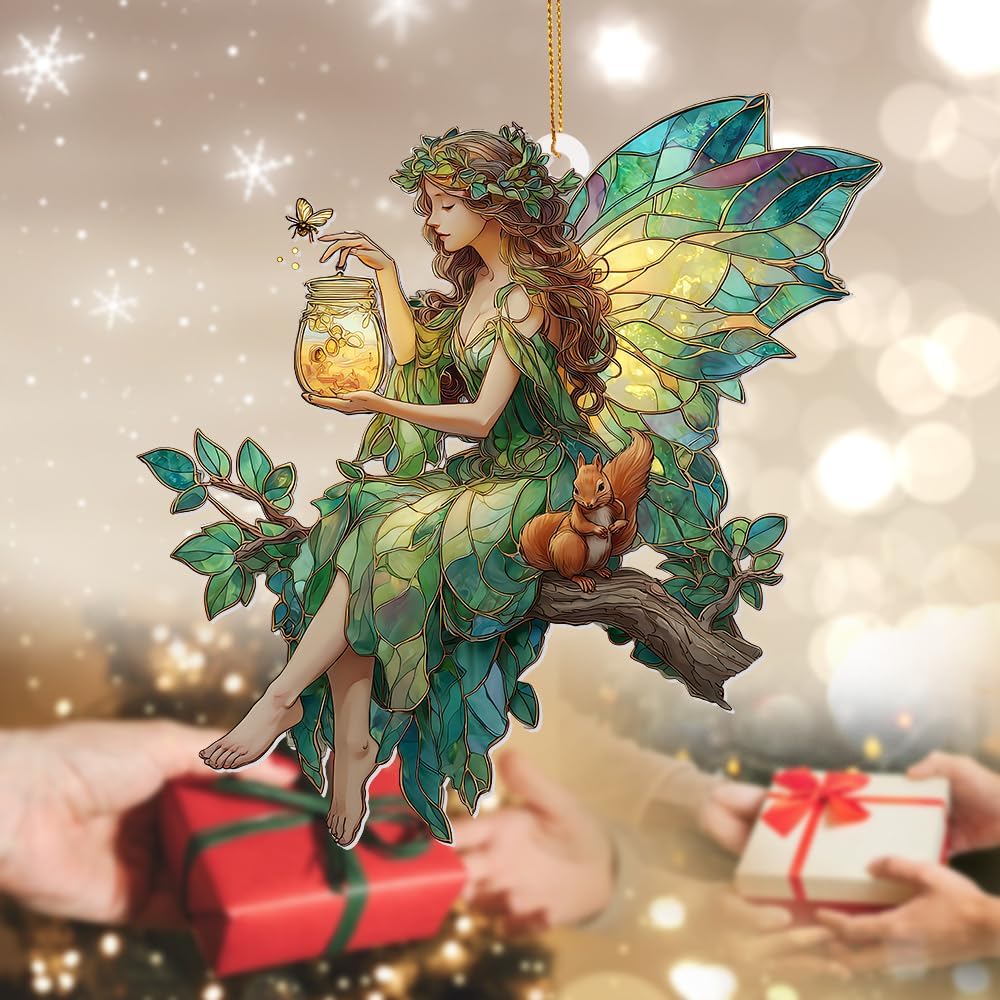 Fairy Stained Glass Acrylic Ornament – Enchanted Forest Fairy with Squirrel, Hanging Window Sun Catcher Decoration, Whimsical Christmas Ornament Gift for Women and Girls (Sun-32)