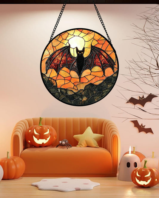 Stained Glass Window Hanging, Black Bat Sun Catcher for Door Home Decor Animal Suncatcher Christmas