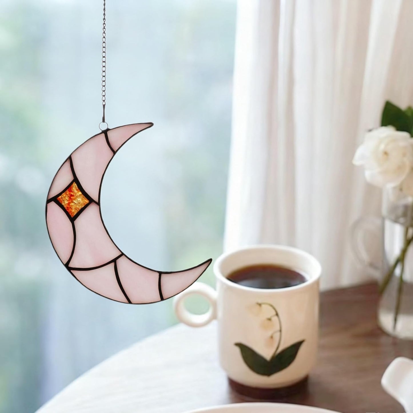 Moon Stained Glass Window Hanging Suncatchers，Handcrafted Art Glass Crescent Moon Decorations Indoor Window Gift for Women, Christmas,Thanksgiving (Pink)