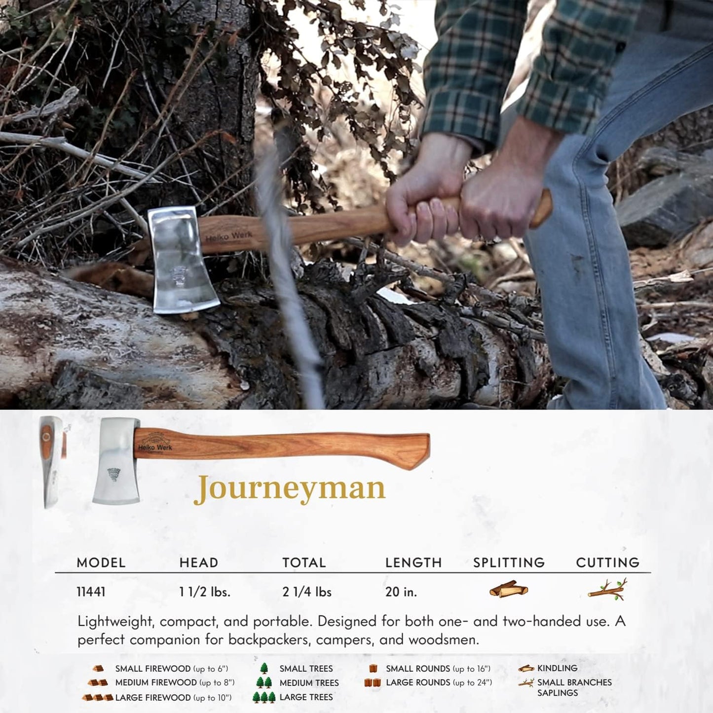1844 Helko Werk Germany Classic Journeyman Pack Axe - Made in Germany Lightweight and Compact Backpacking Axe and Bushcraft Axe for Camping - Head 1.5 lbs, Handle 20 in. (Journeyman) #11441