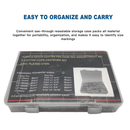 Boatsea 420Pcs Cotter Pin Assortment Kit R Clips Spring Retaining Hair Pins Assortment Kit, Including 6 Sizes 200PCS Cotter Pins and 6 Sizes 220PCS Hairpin Pins, Zinc-Plated