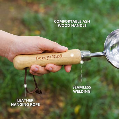 Berry&Bird Garden Loose Soil Scoop, Stainless Steel Hand Shovel Spade with Wood Handle Multi Function Gardening Trowel Spoons for Transplanting, Digging, Planting, Cultivation
