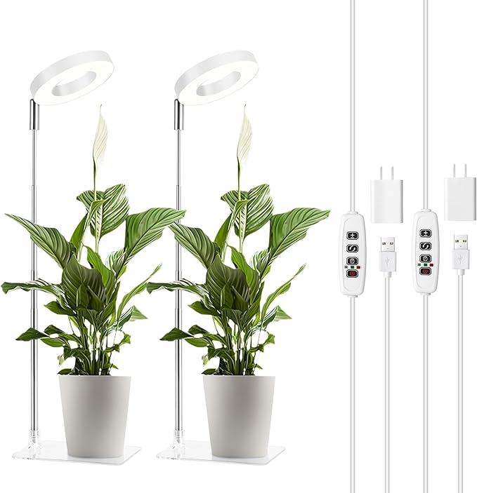 3.54" White Grow Light, Full Spectrum Plant Lights for Indoor Growing with 3/9/12H Timer, 3 Color Modes, 10 Brightness, 6.6"-24.8" Height Adjustable，Small Halo Grow Light with Base, 2 Pack