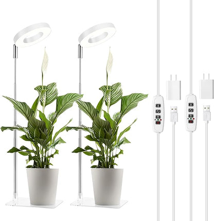 3.54" White Grow Light, Full Spectrum Plant Lights for Indoor Growing with 3/9/12H Timer, 3 Color Modes, 10 Brightness, 6.6"-24.8" Height Adjustable，Small Halo Grow Light with Base, 2 Pack