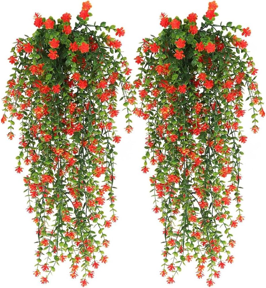 WEISPARK Artificial Hanging Flowers, 4pcs Fake Eucalyptus Vine Faux Flower Greenery Garland Plastic Plants for Indoor Outdoor Wall Garden Wedding Home Party Decor (Orange-4pcs)