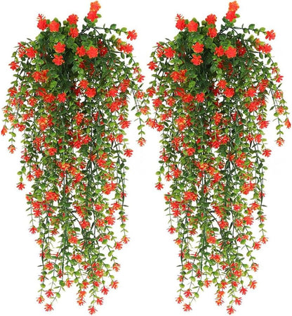 WEISPARK Artificial Hanging Flowers, 4pcs Fake Eucalyptus Vine Faux Flower Greenery Garland Plastic Plants for Indoor Outdoor Wall Garden Wedding Home Party Decor (Orange-4pcs)
