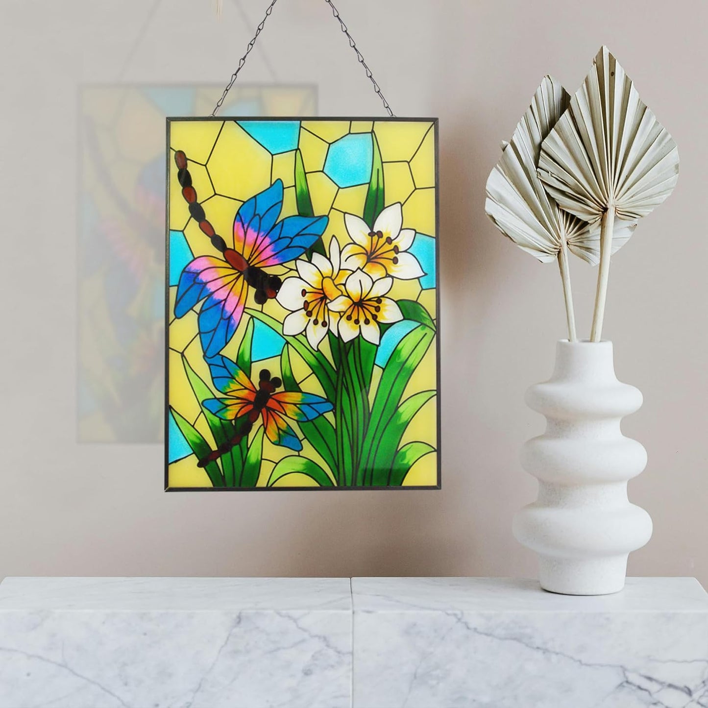 Stained Glass Window Hanging, Dragonfly Glass Art Decor, Sun Catchers Indoor Window, Rectangle Suncatchers for Windows Hanging, Stained Suncatcher for Room Balcony Garden Patio