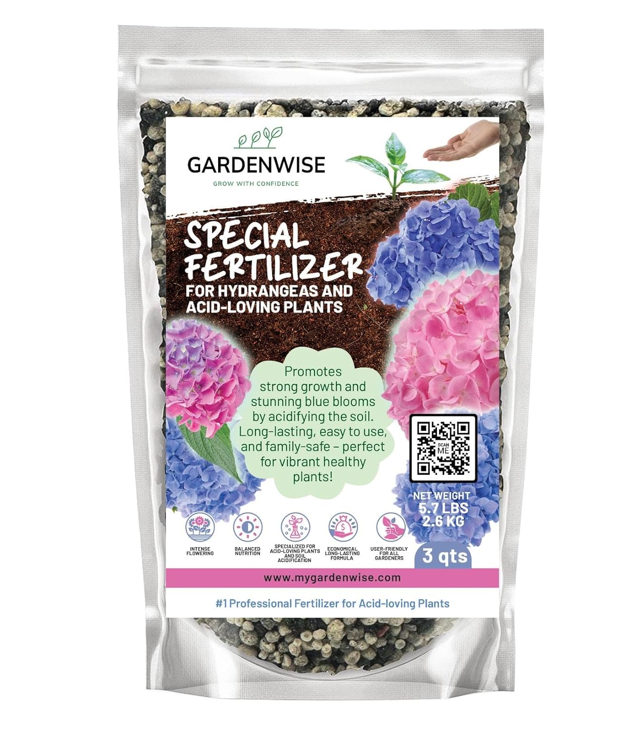 Slow Release Hydrangea Fertilizer with Iron & Sulfur – Indoor & Outdoor Soil Acidifier for Miracle Growth (3 qt)