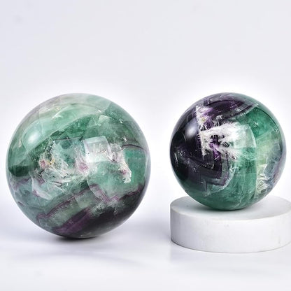 JIC Gem 3.1-3.5 inch(80-90mm) Large Crystal Ball Feather Fluorite Healing Crystals Sphere with Wooden Stand Meditation Home Decor