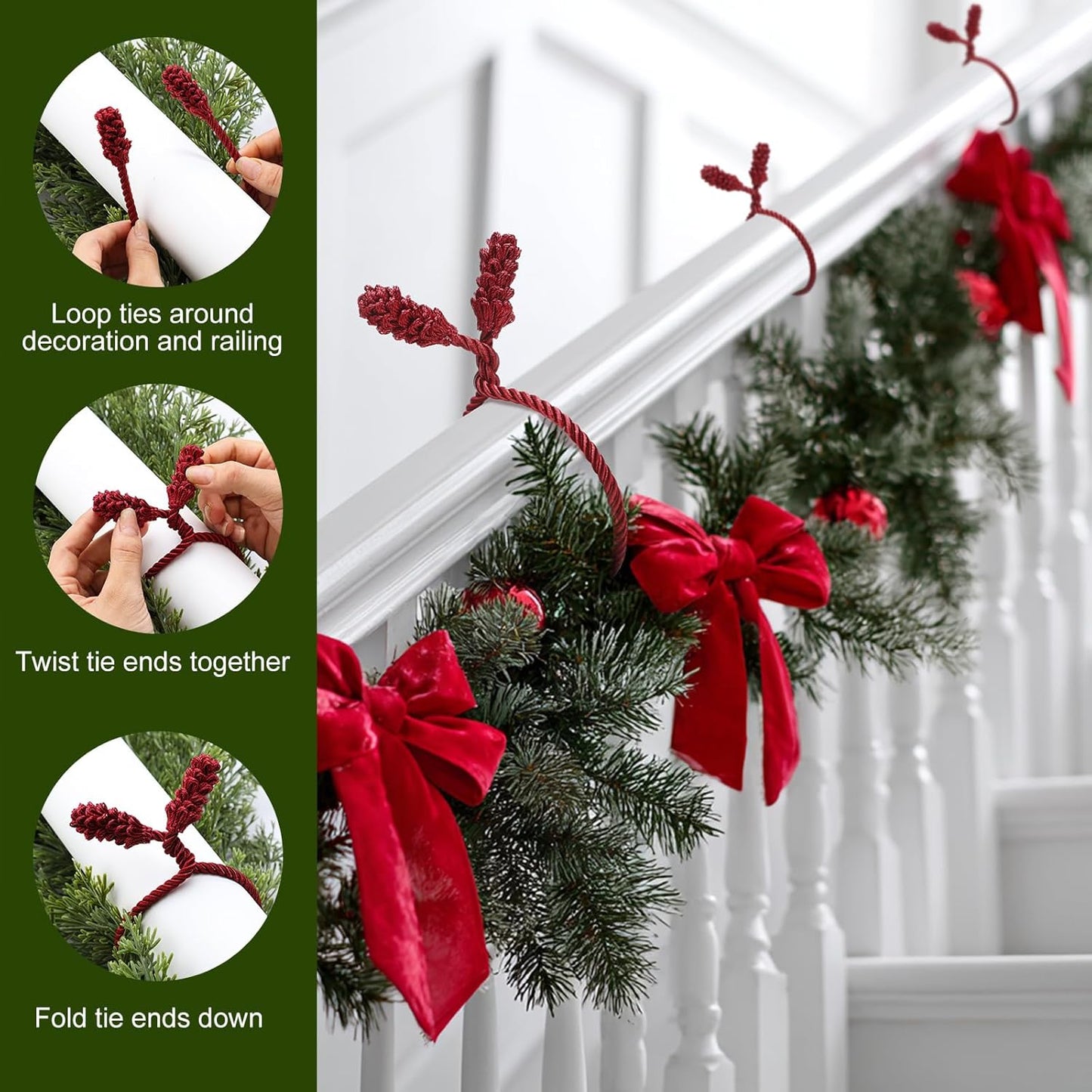 Shappy 24 Pieces Christmas Garland Banister Ties Christmas Decorative Reusable and Flexible Twist Ties for Garland, Banister Home Decoration (Burgundy)