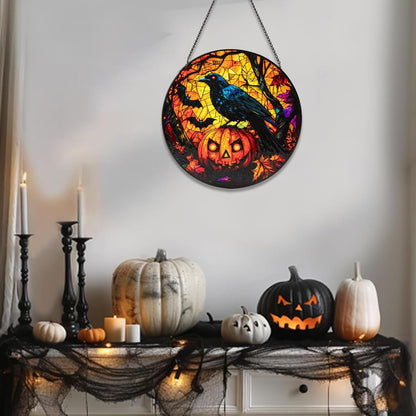 Stained Glass Window Hanging, Halloween Decorations Evil Crow Pumpkin Maple Leaf Suncatcher for Doors Garden Indoor Funny Spooky Sun Catchers Gothic Decor for Women, Men, and Mom 8 in