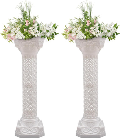 Roman Column Pedestal, Plastic White Columns for Weddings Indoor/Outdoor Roman Pillar Stand for Table Sculptures, Vase, Garden Decor (2PCS, 10.6 x 34.6 Inch Fretwork)