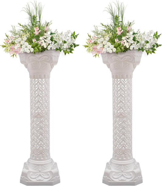 Roman Column Pedestal, Plastic White Columns for Weddings Indoor/Outdoor Roman Pillar Stand for Table Sculptures, Vase, Garden Decor (2PCS, 10.6 x 34.6 Inch Fretwork)