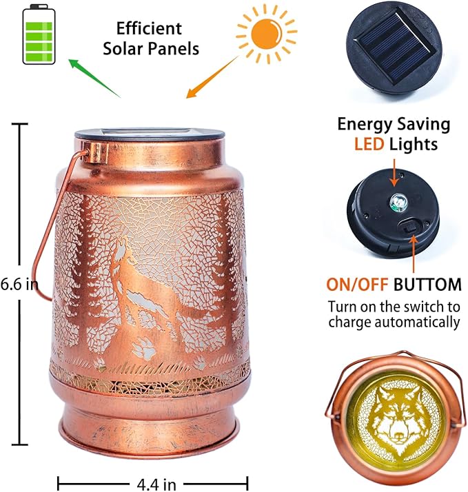 2 Pack Wolf Solar Lanterns Outdoor Waterproof Hanging Lights for Garden Decor, Yard, Patio, Lawn, Tabletop, Pathway, Landscape - Metal Decorative LED Lanterns, Gifts for Women Men