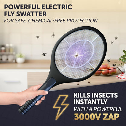 Bug Zapper Racket - Electric Fly Swatter & Mosquito Zapper for Indoor/Outdoor Insect Control - Battery-Operated Tennis Racket Zap - Lightweight & Portable High Voltage Bug Zapper - Black Mamba