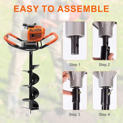 62CC Newly Upgraded Post Hole Digger Gas Powered, 2 Stroke Auger Post Hole Digger with 3 Drill Bits (4" & 6" & 12") + 2 Extension Rod for Planting - Ideal for Farm & Garden
