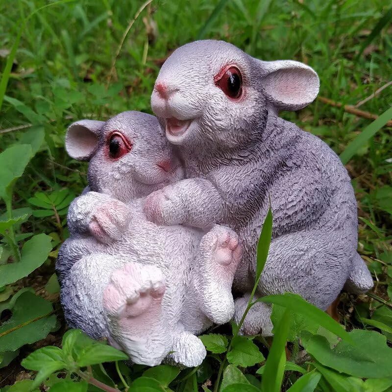 Garden Statues Bunny Decor Resin Hug Rabbit Figurine Cute Fairy Garden Decor Outdoor Statues for Patio Yard Porch Balcony Gifts for Women Mom Grandma Grey