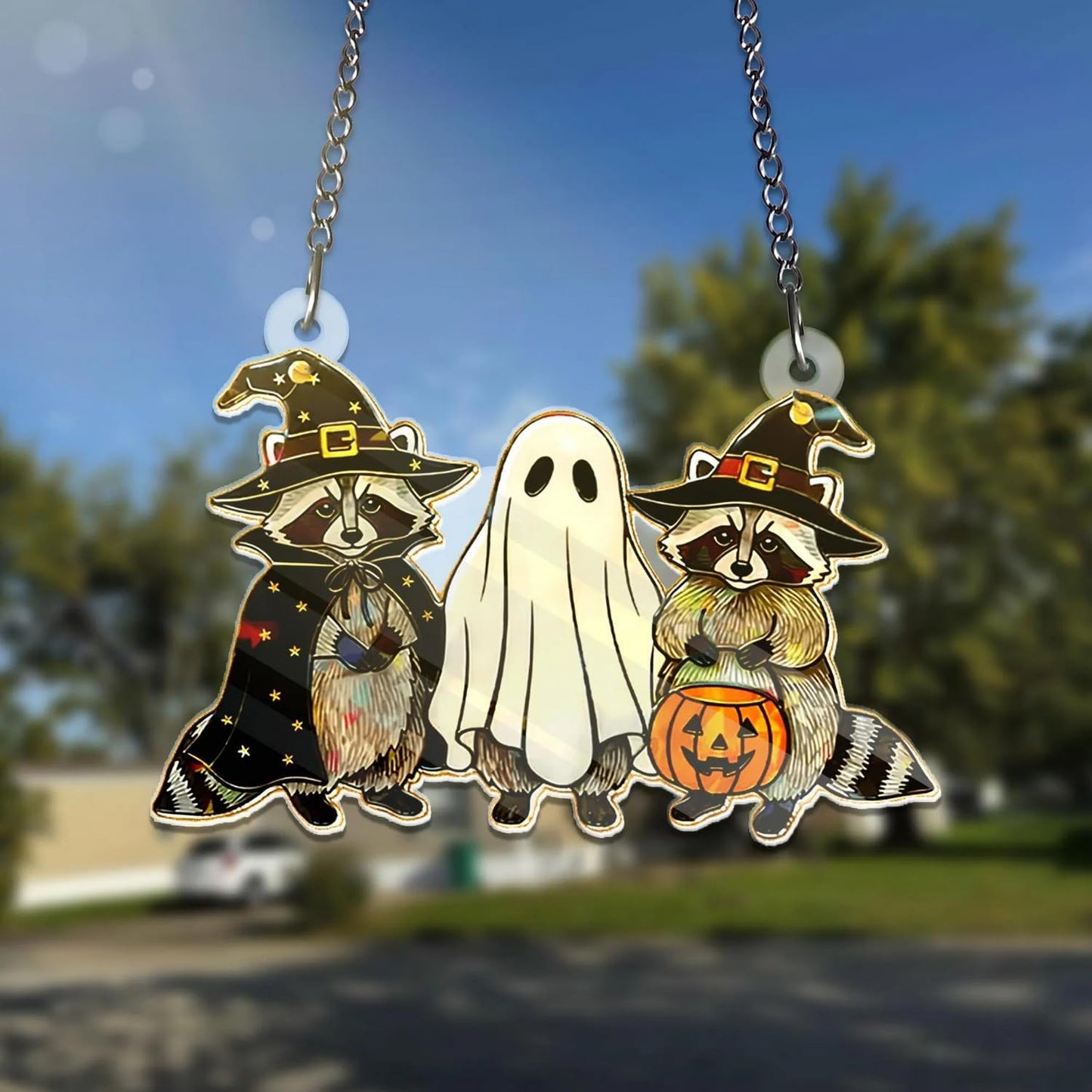 Halloween Sun Catcher for Window Hanging Raccoon Ghost Designs Acrylic Suncatcher Decor for Wall Home, Garden, Housewarming Women Neighbor Party Spooky Gifts7.87inch