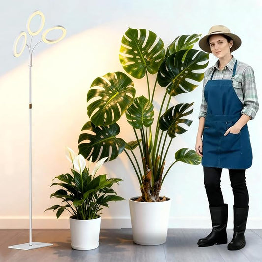 Full Spectrum Grow Light with Stand for Indoor Plants, Floor Plant Light, 6/12/18H Timer, 3 Color Modes, Adjustable Height 16.5–68in, for Large Plants & Home Décor(Tri-Head,White)