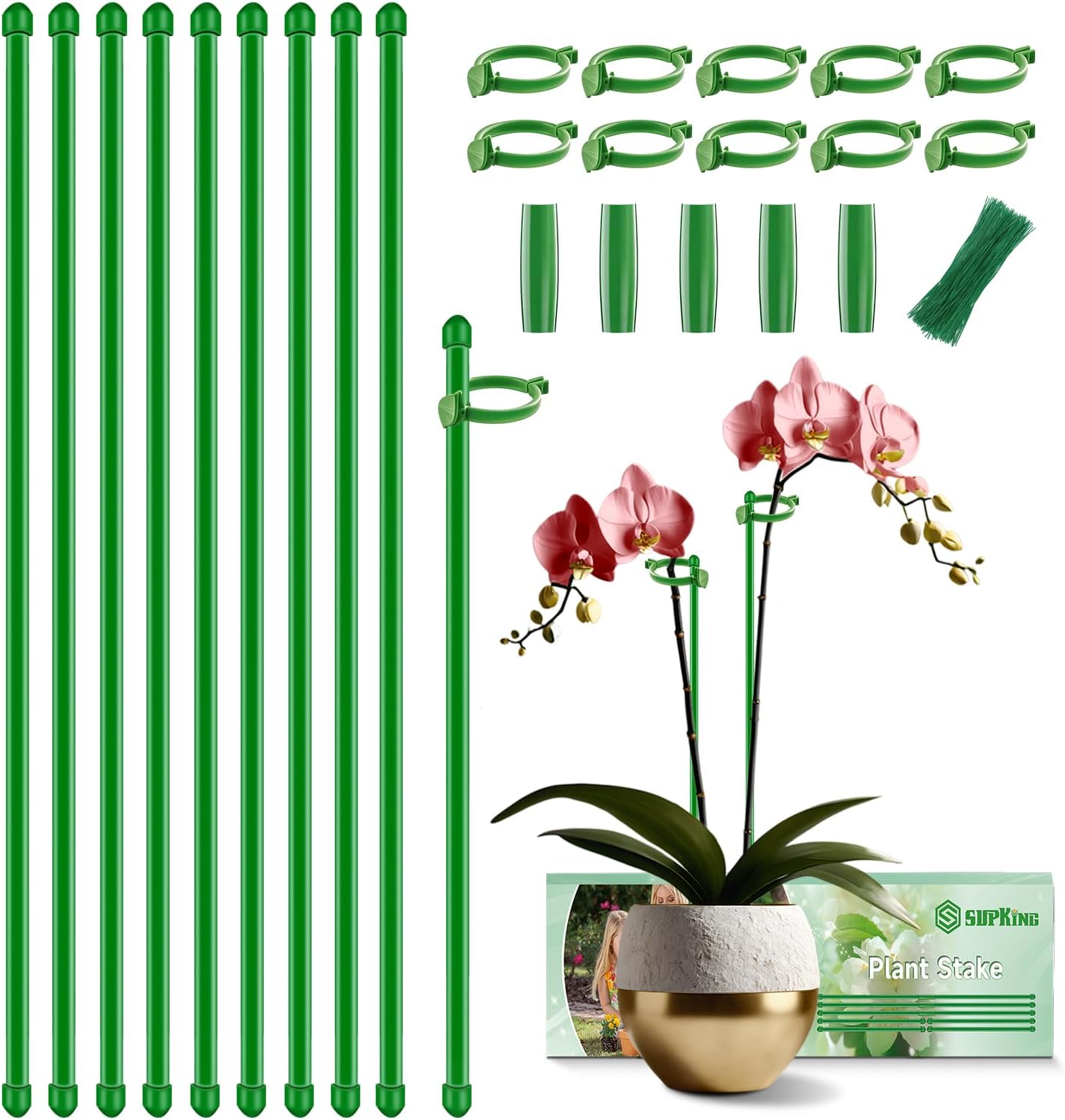 Plant Support Stakes for Indoor Plants SupKing Orchid Sticks with Clips 15 inch 10Pcs Garden Stake Extended to 2/3/4ft for Outdoor Potted Tomato Rose Vegetables House Palnts Comes with 20 Plants Ties
