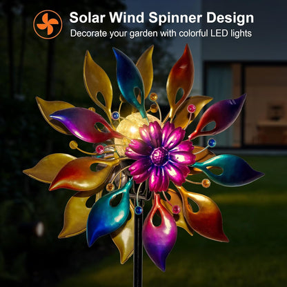 360° Wind Spinners Outdoor with Solar Lights Colored Petals Garden Decor Yard Lawn Art Decor for Patio Kinetic Flower Windmills Unique Gifts for Friends and Family 60.63'' H x 13.38'' Dia