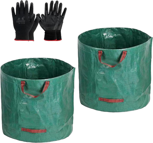 2 PCS 106 Gallon Yard Waste Bags, Reusable Lawn and Leaf Bags Heavy Duty Garden Bags with 2 Pair Gloves for Clean Up Outdoor Debris Leaves Grass Clippings