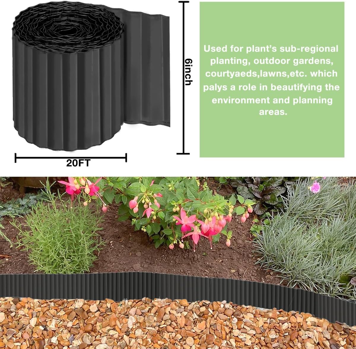 Corrugated Metal Garden Edging 6inch x 20ft, Landscape Edging Border, Flower Bed Edging Borders, Galvanized Edging Long Strips Yard Border for Lawn Edging Borders, Plants, Walkways (Black)