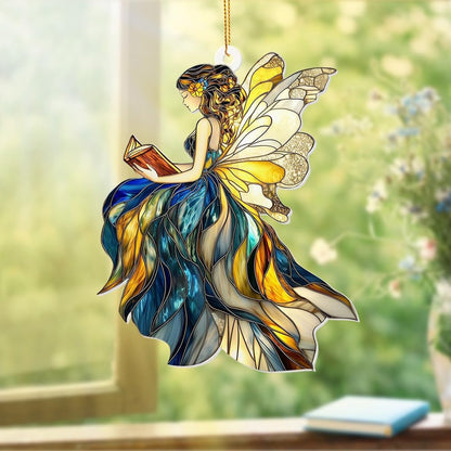 Reading Fairy Book Ornament – Stained Glass Style Acrylic Christmas Ornament, Book Lover Gift for Women, Teacher & Librarian Book Club Decorations, Fantasy Ornament Holiday Décor(Sun-01)