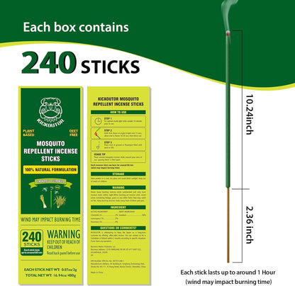 KICKOUTOR® Mosquito Repellent Outdoor Patio 240 PCS Natural Citronella Incense Sticks DEET Free Lemongrass Oil Gnat Mosquito Control for Indoor Backyard Travel Camping