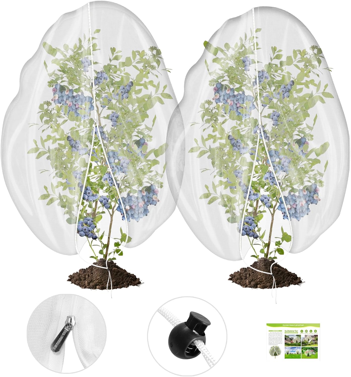 2Pcs Large 8x8ft Fruit Tree Netting Cover with Zipper, Rope, Lock Buckle - Mesh Bags for Garden Protection - Insect Bird Plant Netting for Garden, Fruit Trees, Blueberry Bushes, Flower