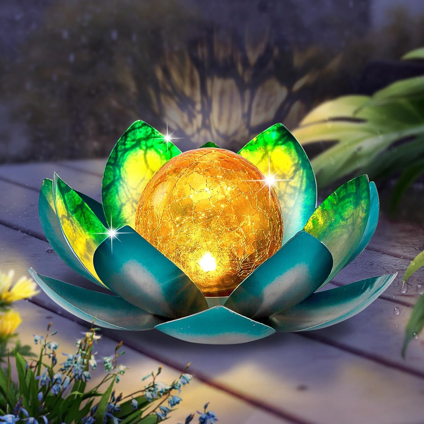 Solar Light Outdoor(2Pack), Art Crackle Globe Glass Lotus Decoration, Solar LED Waterproof Blue Metal Flower Lights for Patio,Lawn,Walkway,Tabletop