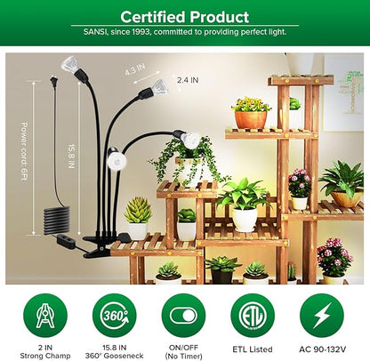 SANSI LED Grow Lights for Indoor Plants, 600W Full Spectrum Gooseneck Clamp Grow Lamp, 40W Power Plant Light with High PPFD for Seeding, Lifetime Free Bulb Replacement