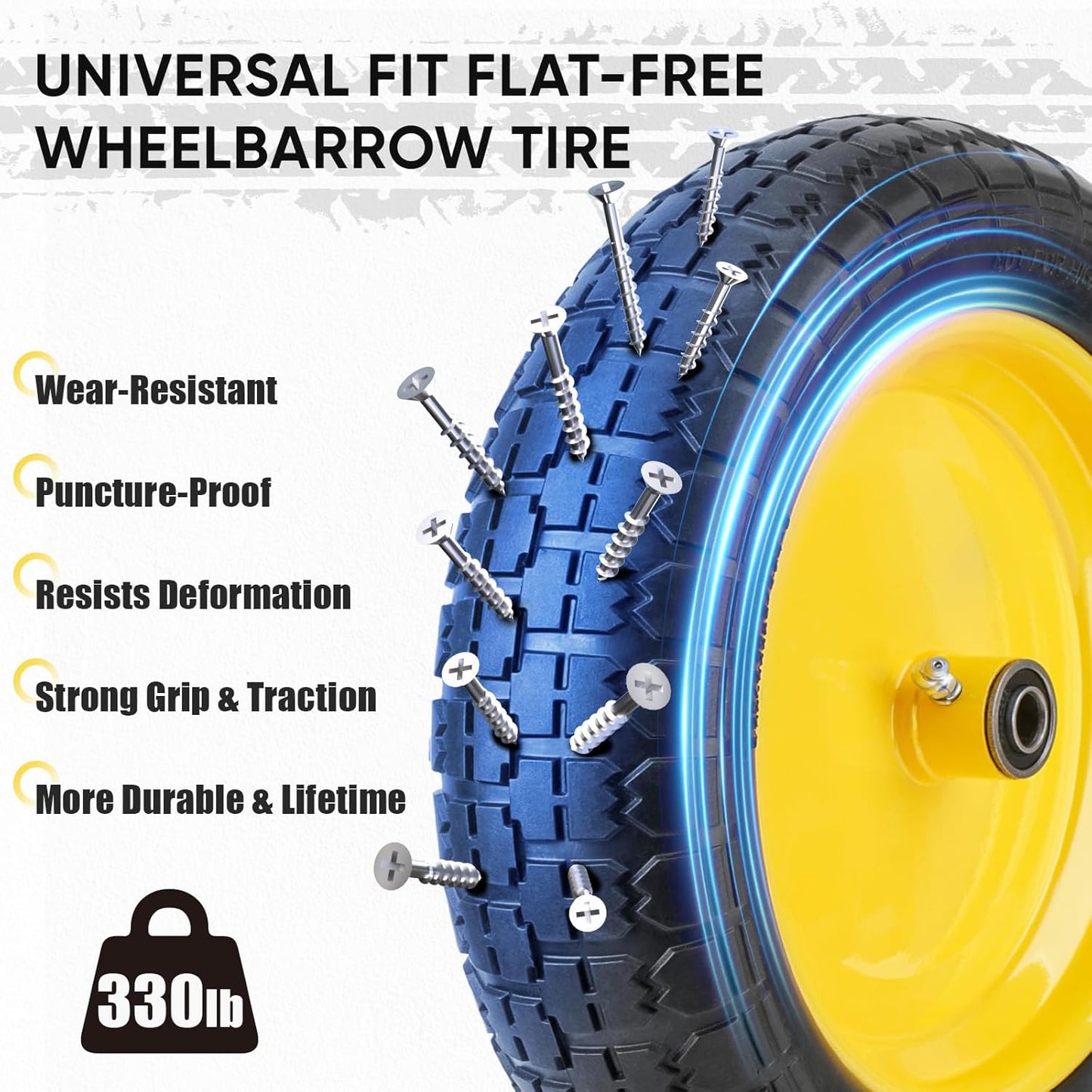 TICONN 4.80/4.00-8 Tire, 14.5" Flat Free Wheelbarrow Tire and Wheel, Solid Replacement Tires, 5/8" 3/4" Bearings, Universal Fit 4.80/4.00-8, 3.50/3.00-8, 4.00-6 (14.5" Yellow, 2PK)