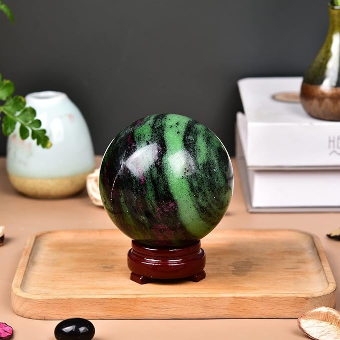 JIC Gem Large Gemstone Sphere Ball Ruby Zoisite Healing Crystal Ball Red&Green Crystal Sphere with Wood Stand Crystal Decorative Ball Home Decoration (90-100mm)