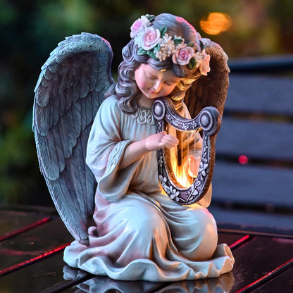 Solar Garden Outdoor Statues Lights, Resin Angel Figurine Light for Patio, Balcony, Yard, Lawn Ornament, Unique Housewarming Gifts and Yard Decor (Angel Plays)