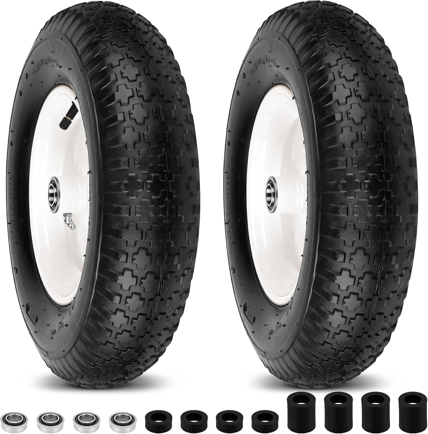 4.80/4.00-8" Wheelbarrow Tubed Tires and Wheels, 16" Universal Fit Pneumatic Tires with 3/4" or 5/8" Bearing, 3"-7" Hub, Adapter Kit Hand Truck Wheels Replacement for Garden Trailer, Wagons, 2 PCS